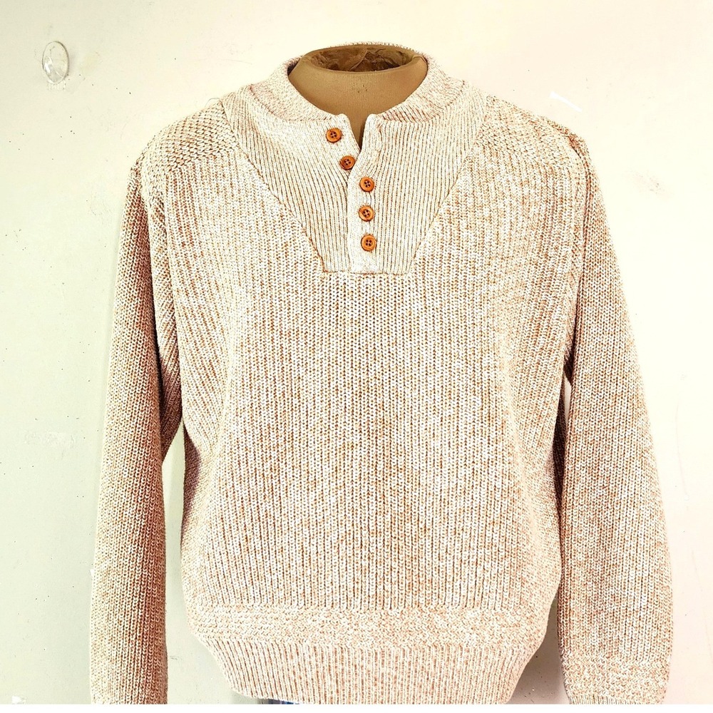 Cabela's Henley Sweater M 100% Marled Cotton Knit Fisherman Preppy Minimalist